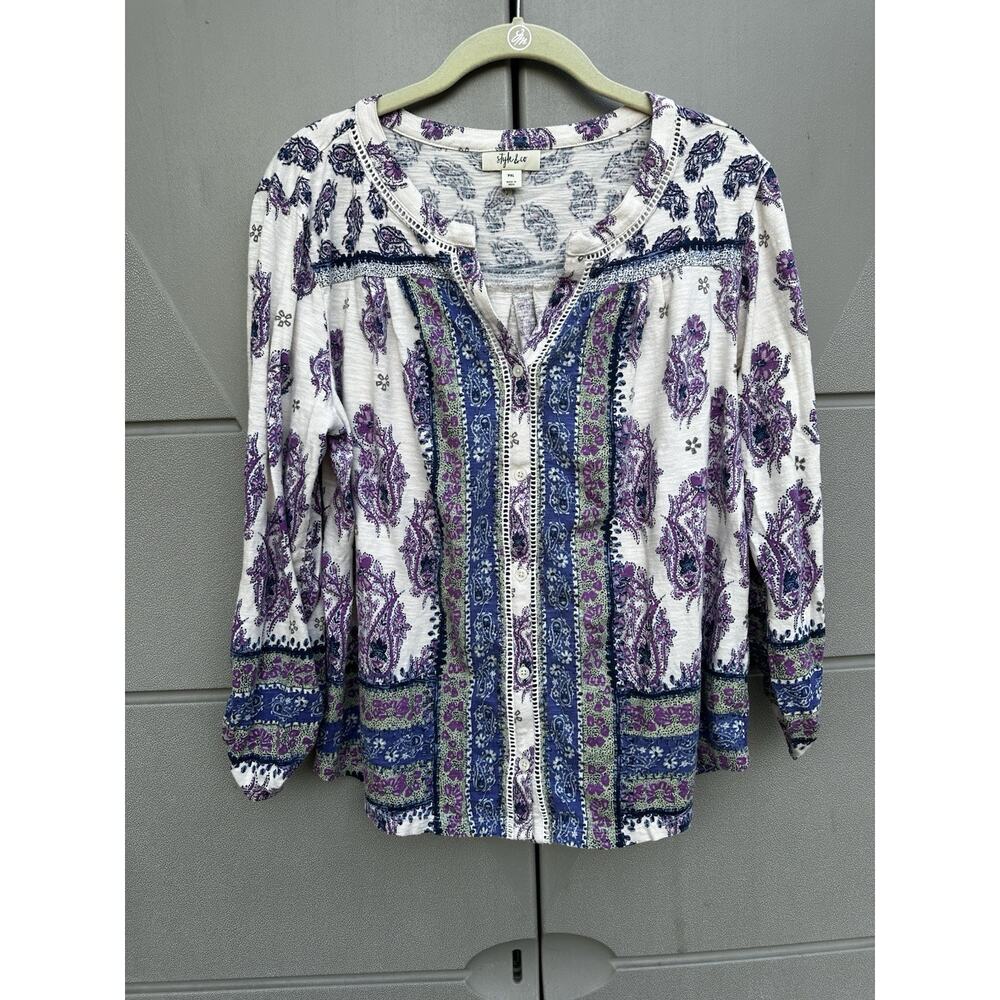Style & Co Paisley Print Embroidered Button Front Blouse Roll Tab Sz PXL Peasant